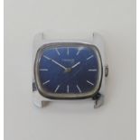 A ladies Tissot watch head in Tissot box, with metallic blue dial, white baton numerals and hands.