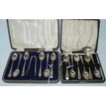 A lot comprising a cased set of silver coffee spoons with tongs, Chester 1887, a cased set of of six