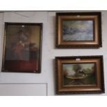 A lot comprising two framed oil landscapes and a framed print of a pianist (3) Condition report: