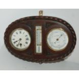 An oak cased clock, barometer and thermometer set by D McGregor & Co, Glasgow, 32cm wide, oak