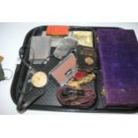 A tray lot of miscellaneous including cigarette cases, folding opera glasses, various brass