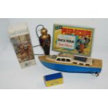 A box of miscellaneous including The Diver by Saxon Tower Toy in original box, model boats and