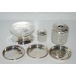 A lot comprising a silver jewellery box, Birmingham 1988, two silver-topped jars and three small