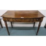 A Victorian mahogany three drawer side table on turned supports, 75cm high x 109cm wide x 58cm