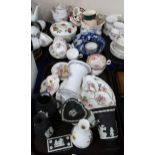 A lot comprising Wedgwood black basalt jasperware, Royal Crown Derby Derby Posies pattern cups,