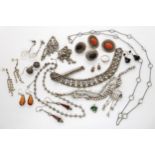 A collection of silver and costume jewellery to include a pair of Art Deco earrings, diamante etc