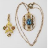 Two Edwardian pendants, a 9ct turquoise set example with yellow metal chain and a bright yellow