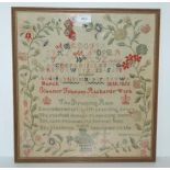 A Victorian alphabet and verse sampler by Eleanor Frances Richards, dated 1856, framed and glazed,