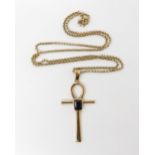 A 9ct gold sapphire set ankh pendant length 5cm x 2.3cm, with 9ct chain, length 46cm, weight