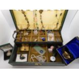 A collection of vintage costume jewellery to include a retro blue gem pendant, beads and an Accurist