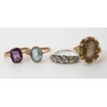 A 9ct smoky quartz ring size N1/2, blue gem ring O1/2, purple gem N1/2, weight combined 9.1gms,