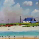 DANIEL CAMPBELL (SCOTTISH b.1951) BEACH SCENE WITH GULLS AND COTTAGE Oil on canvas, signed lower