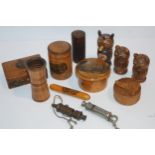 Four various Mauchline ware boxes, Acme Boy Scout whistle, another whistle etc Condition Report: