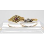 An 18ct gold three illusion set diamond ring, size R1/2, and a bright yellow metal ruby and pearl