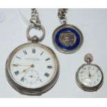 A silver cased pocket watch by Kendal & Dent, watch chain, silver and enamel tennis medal, 1939