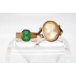 A 9ct gold cameo ring size approx R weight 3.4gms, and a 14k gold green glass set ring size R weight