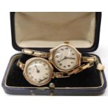 Two 9ct gold ROLWATCO ladies watch heads one with a 9ct strap, the other Rolled Gold weight