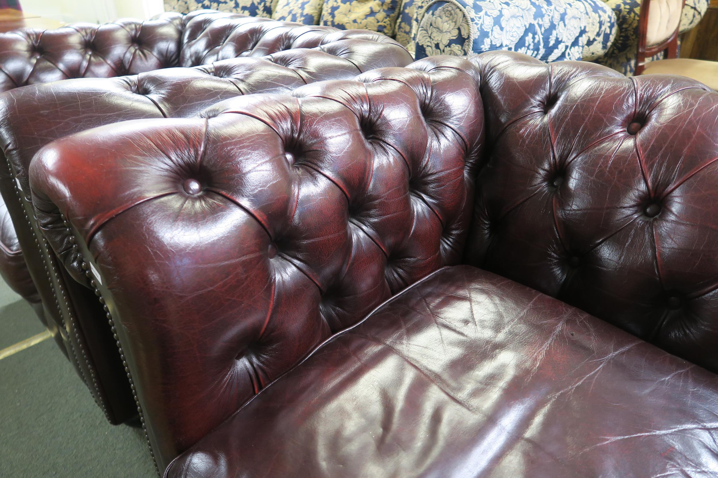 A pair of contemporary oxblood leather upholstered chesterfield club chairs, 70cm high x 102cm - Image 4 of 4