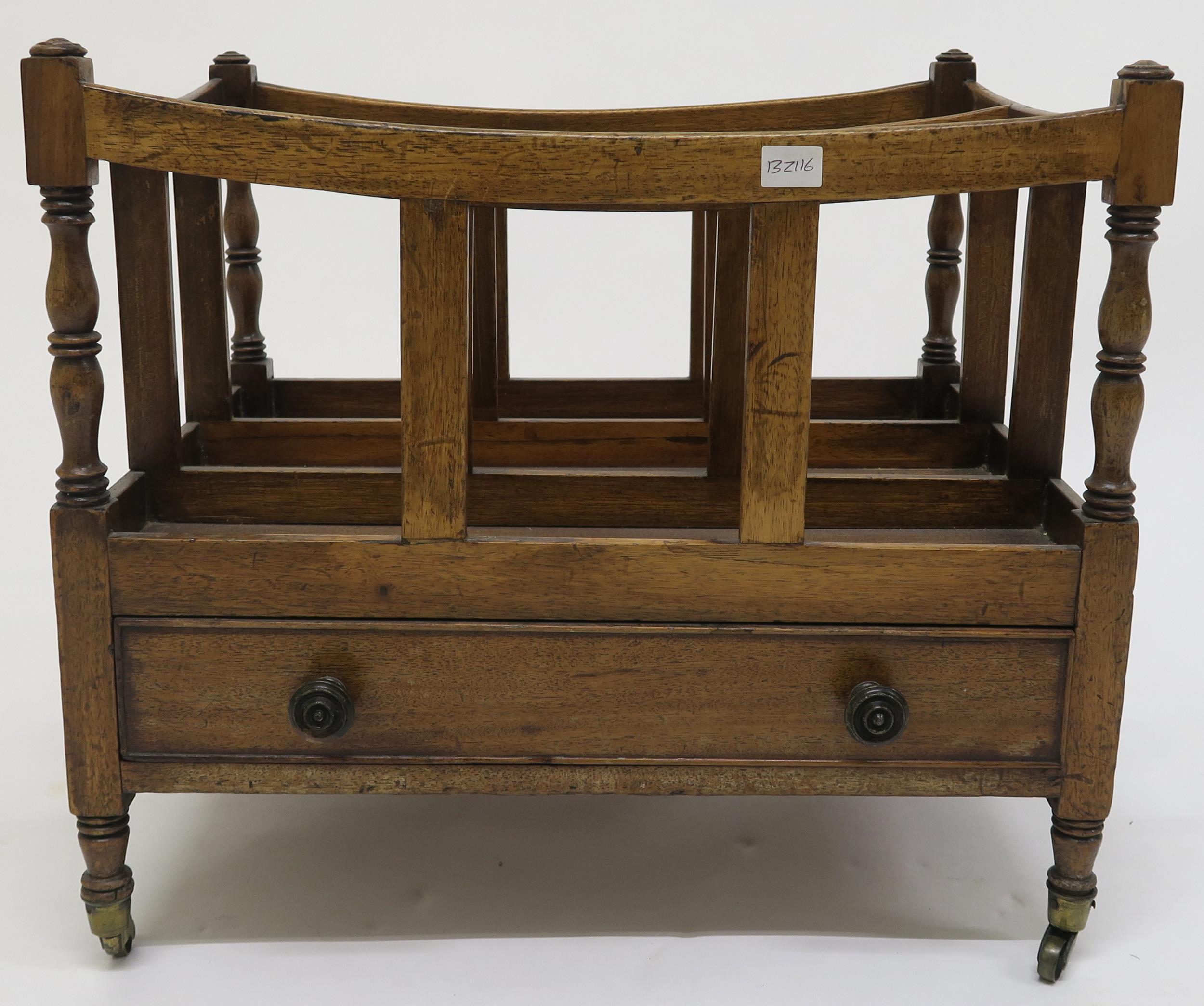 A Victorian mahogany Canterbury with single drawer on brass casters, 41cm high x 46cm wide x 37cm - Image 2 of 4