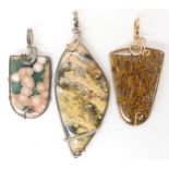 Three American silver and gold plated wire wrapped mineral pendants to include marine jasper, and