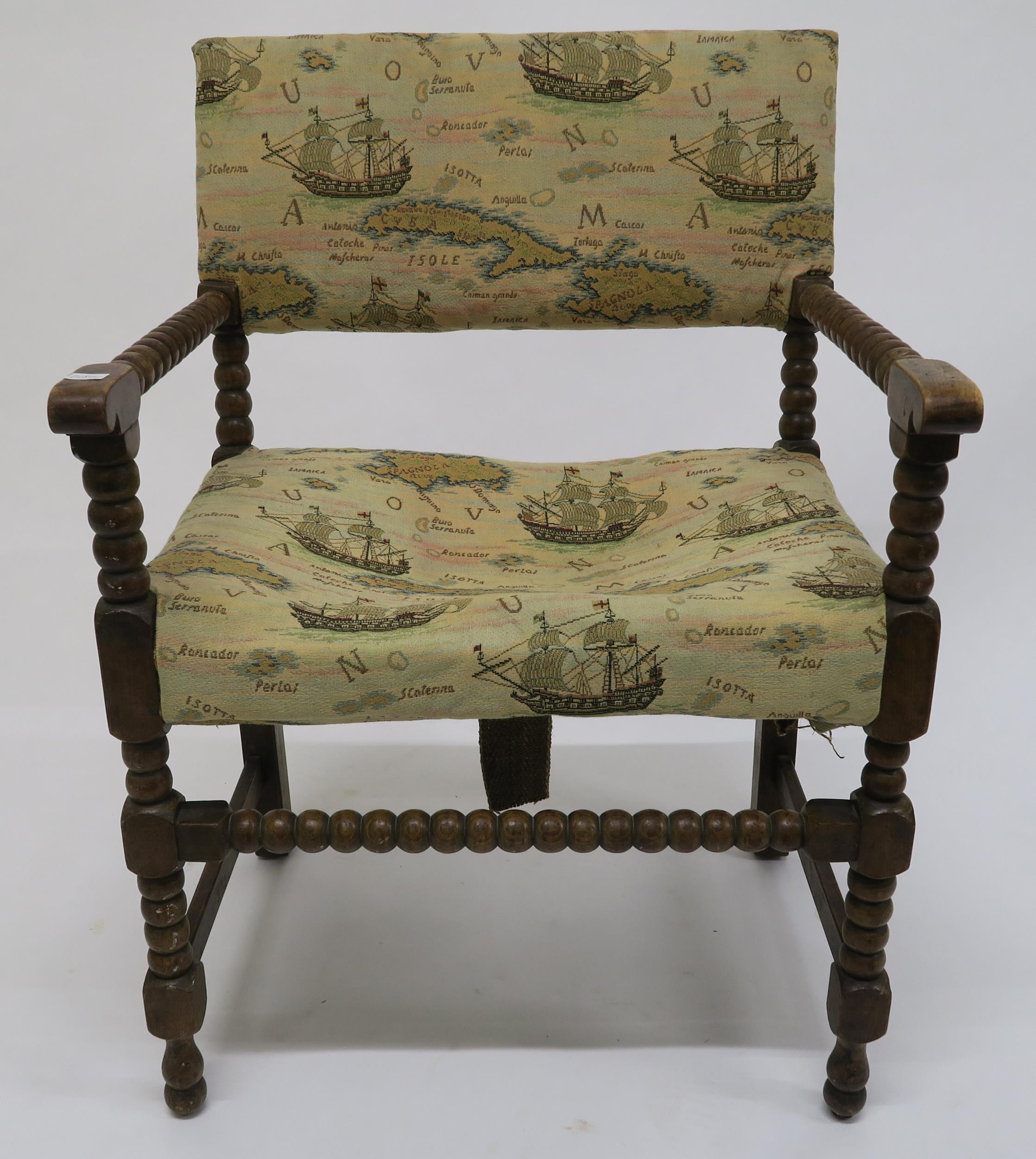 A Victorian beech framed bobbin turned armchair with tapestry upholstery Condition Report: - Image 2 of 3