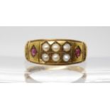 A 15ct gold pearl and ruby ring, hallmarked Chester 1886, finger size N, weight 2.8gms Condition