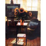 MARCEL SCHELLEKENS (DUTCH CONTEMPORARY b.1954) SUNFLOWERS WITH EASEL IN DOMESTIC SETTING Etching,