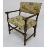 A Victorian beech framed bobbin turned armchair with tapestry upholstery Condition Report: