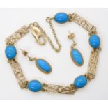 A 9ct gold turquoise set bracelet with similar earrings, length of bracelet 20cm, weight together