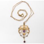 A yellow metal Edwardian amethyst and pearl pendant with 9ct chain, weight together 2.8gms Condition