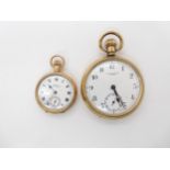 A gold plated 'James Walker retailed' open face pocket watch, together with a Waltham gold plated