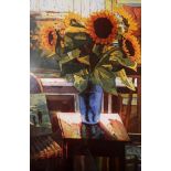 MARCEL SCHELLEKENS (DUTCH CONTEMPORARY b.1954) STILL LIFE OF SUNFLOWERS IN A VASE IN A DOMESTIC