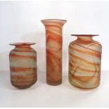 Three Mdina orange and clear glass vases with applied clear ribbon decoration Condition Report: