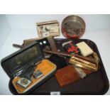 A tray lot including bosun whistle, cigarette cards, keys, lighters etc Condition Report:Available