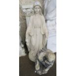 A contemporary plastic statue of the Virgin Mary, another plastic statue of the thinker