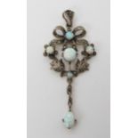 A silver Victorian style imitation opal and marcasite pendant 7.4cm x 3.2cm, weight 11.2gms