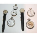 Three white-metal pocket watches, fob watch, watch face and two wristwatches  Condition Report: