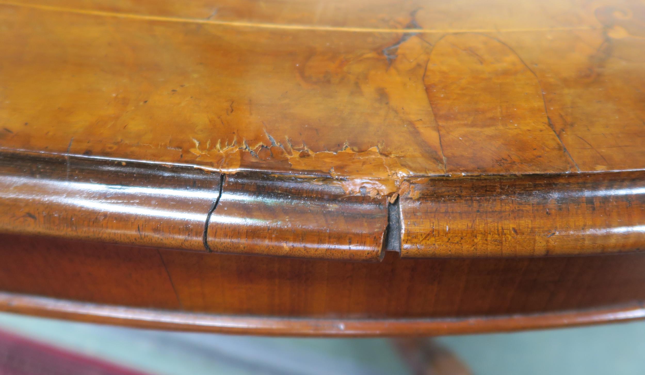 A Victorian burr walnut inlaid oval tilt top breakfast table on carved quadrupedal base, 74cm high x - Image 5 of 7