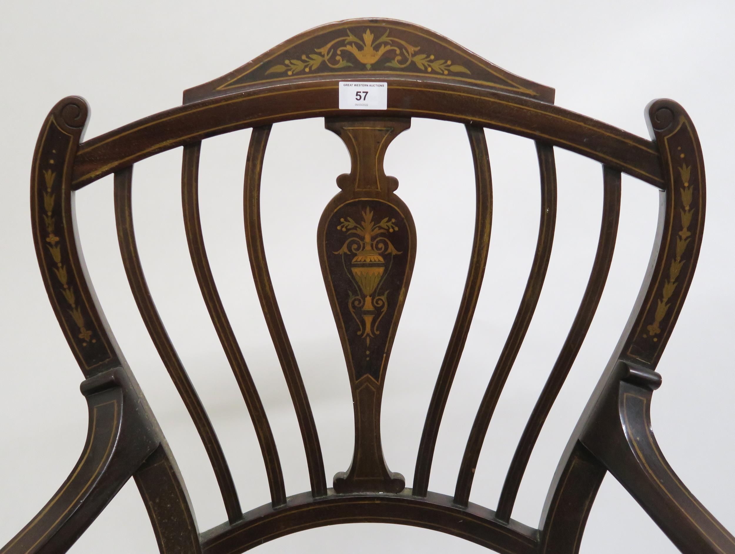 A Victorian walnut and fruitwood inlaid parlour armchair and another similar Victorian mahogany - Image 3 of 7