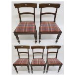 A lot of five Victorian mahogany dining chairs with plaid upholstered seats (5) Condition Report:
