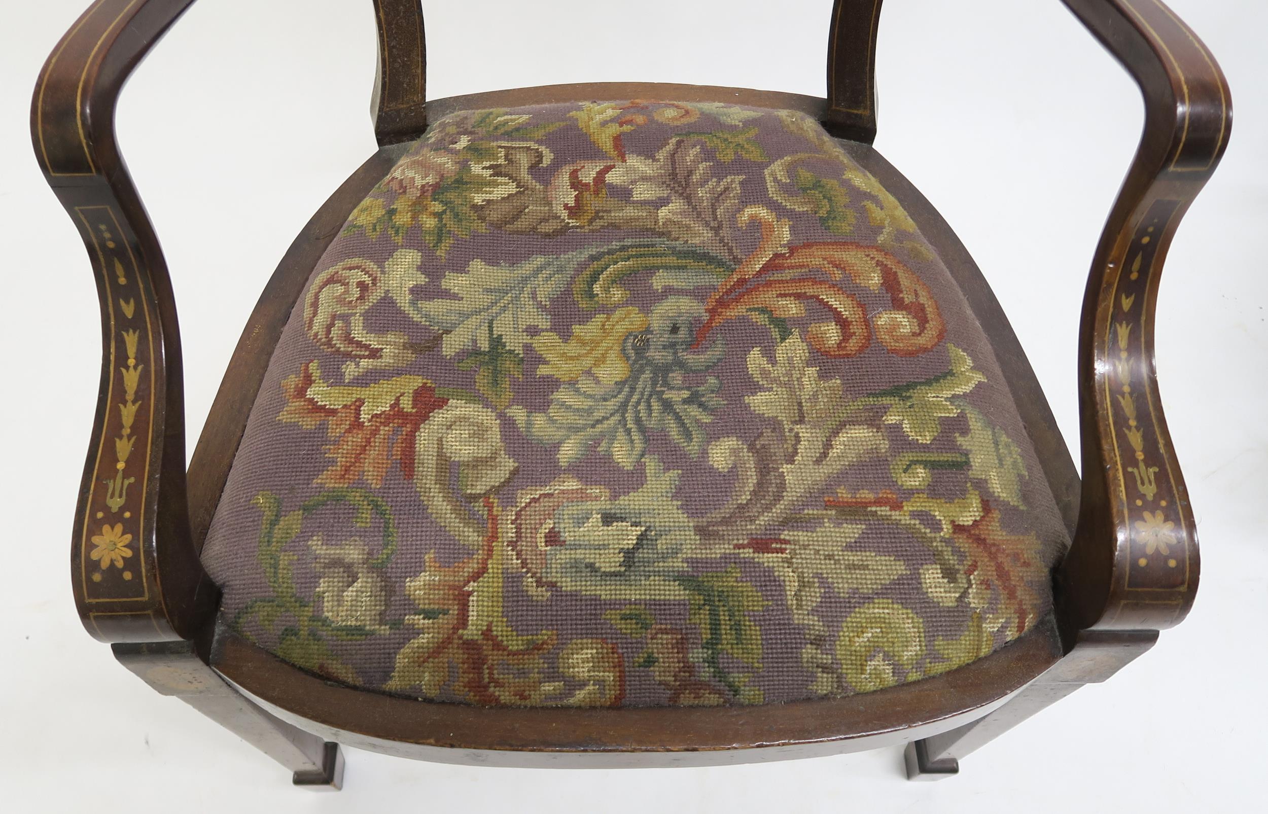 A Victorian walnut and fruitwood inlaid parlour armchair and another similar Victorian mahogany - Image 4 of 7