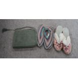 A pair of embroidered slippers, a pair of crochet slippers, a green bag and a collection of coins