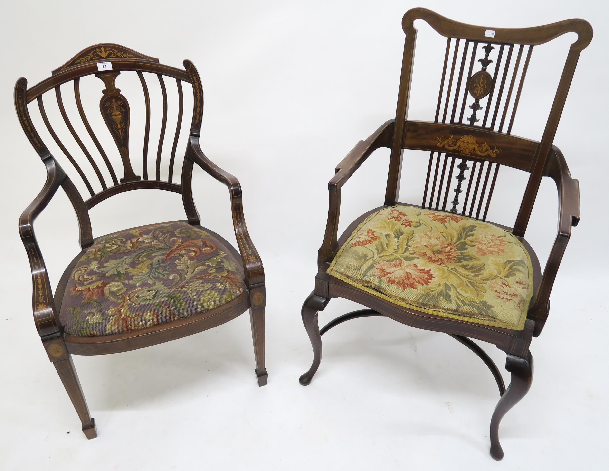 A Victorian walnut and fruitwood inlaid parlour armchair and another similar Victorian mahogany