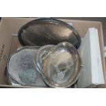 A box of EPNS including trays, wing handle basket etc Condition Report:Available upon request