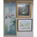 A framed watercolour of Kilchurn castle Loch Awe, a framed print of flamingos and a framed plate (3)