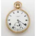 A 9ct gold Bensons open face pocket watch, with white enamel dial, subsidiary seconds dial, black