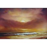 BRITISH SCHOOL  SUNSET OVER SEA  Oil on panel, indistinctly signed lower right, 49 x 75cm,