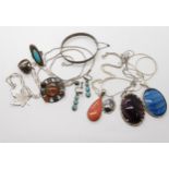 A collection of silver and white metal jewellery to include an agate and gemstone set Scottish