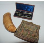 WITHDRAWN: A whale's tooth, cased drawing set and evening bag Condition