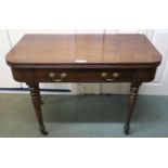 A Victorian mahogany single drawer foldover tea table, 73cm high x 102cm wide x 51cm deep